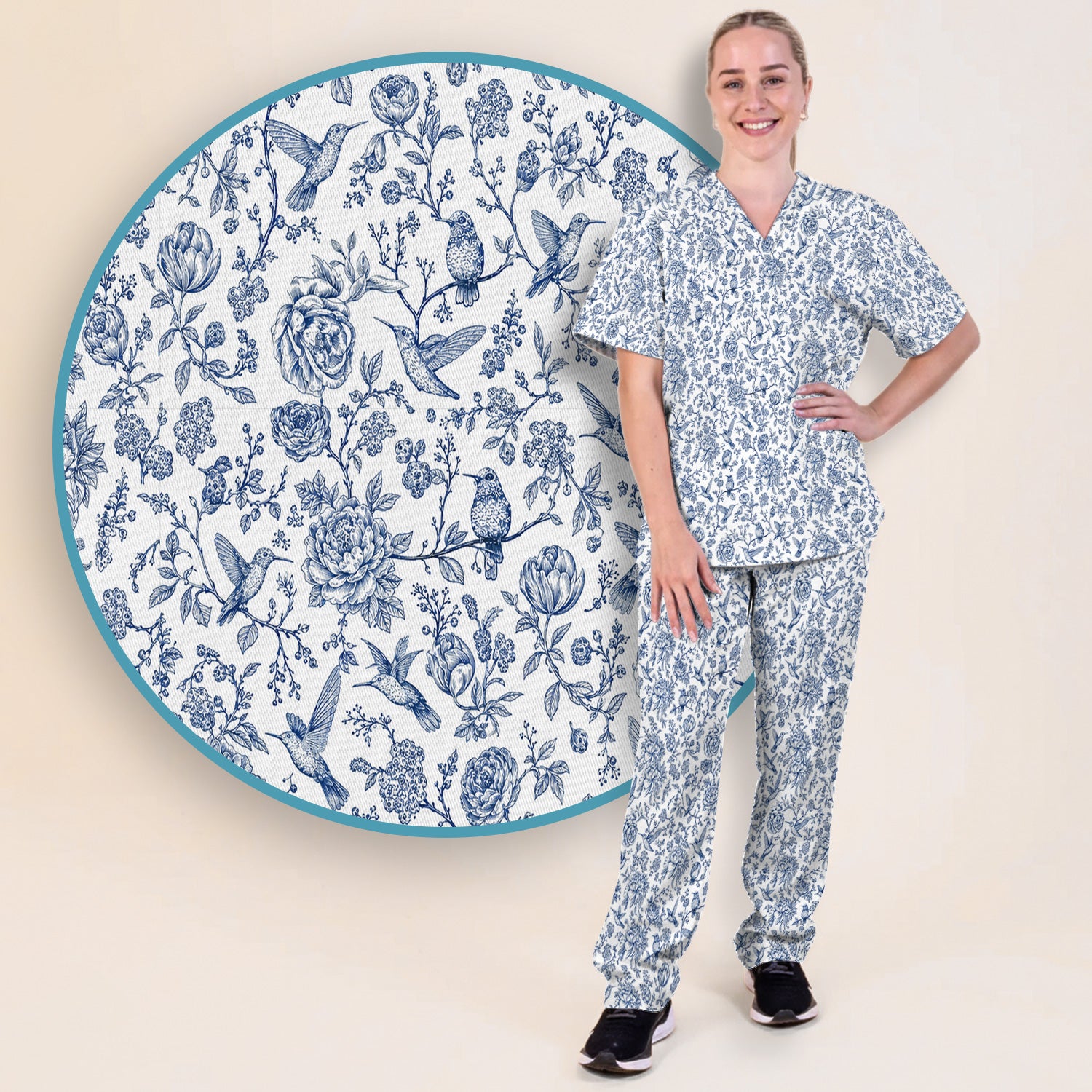 Blue Toile Hummingbird Floral Pattern Scrub Set, Scrub Pants and V Neck Top