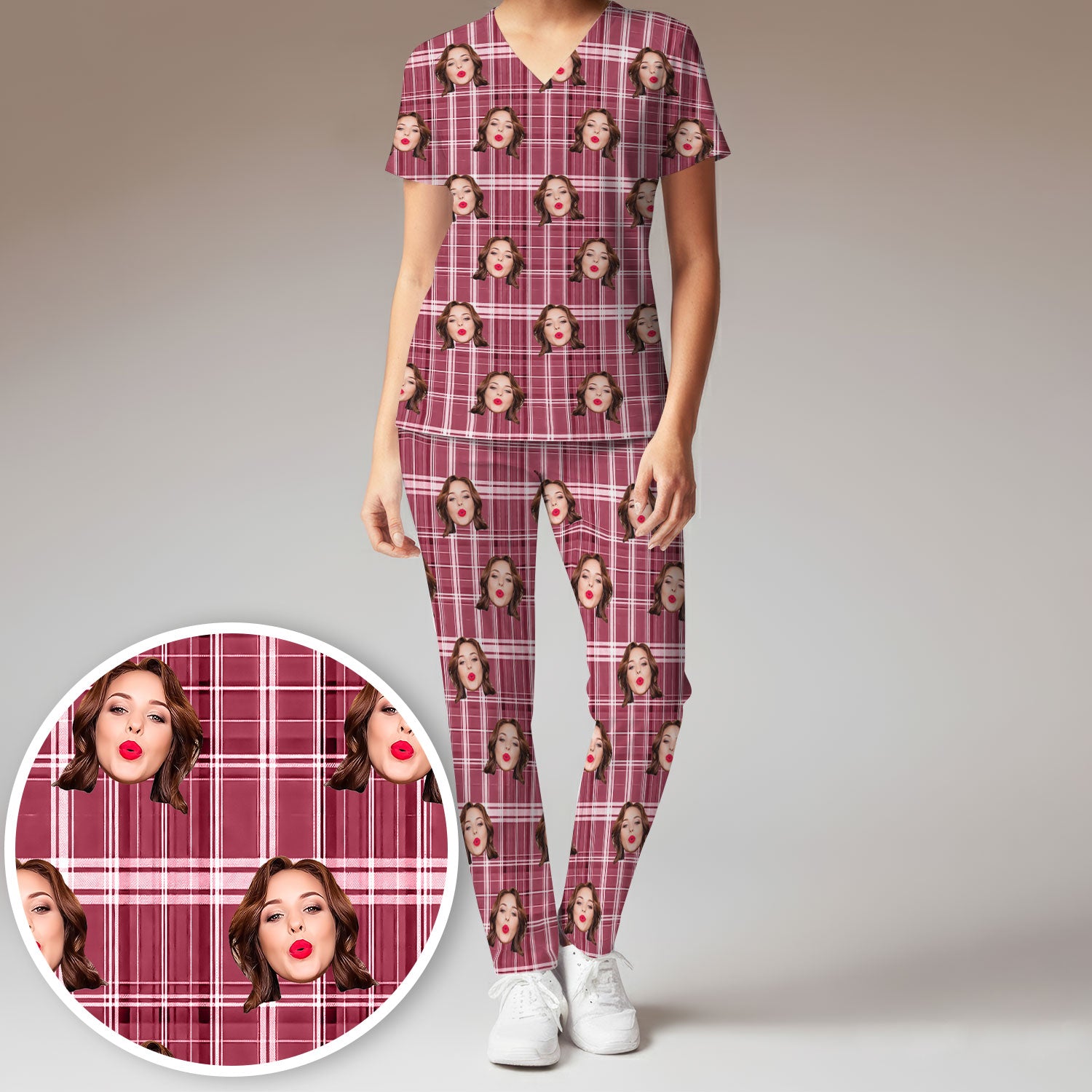 Personalized Funny Face Plaid Scrub Set, Custom Photo Pattern Medical Uniform For Nurses, Breathable Fabrics Nursing Uniform