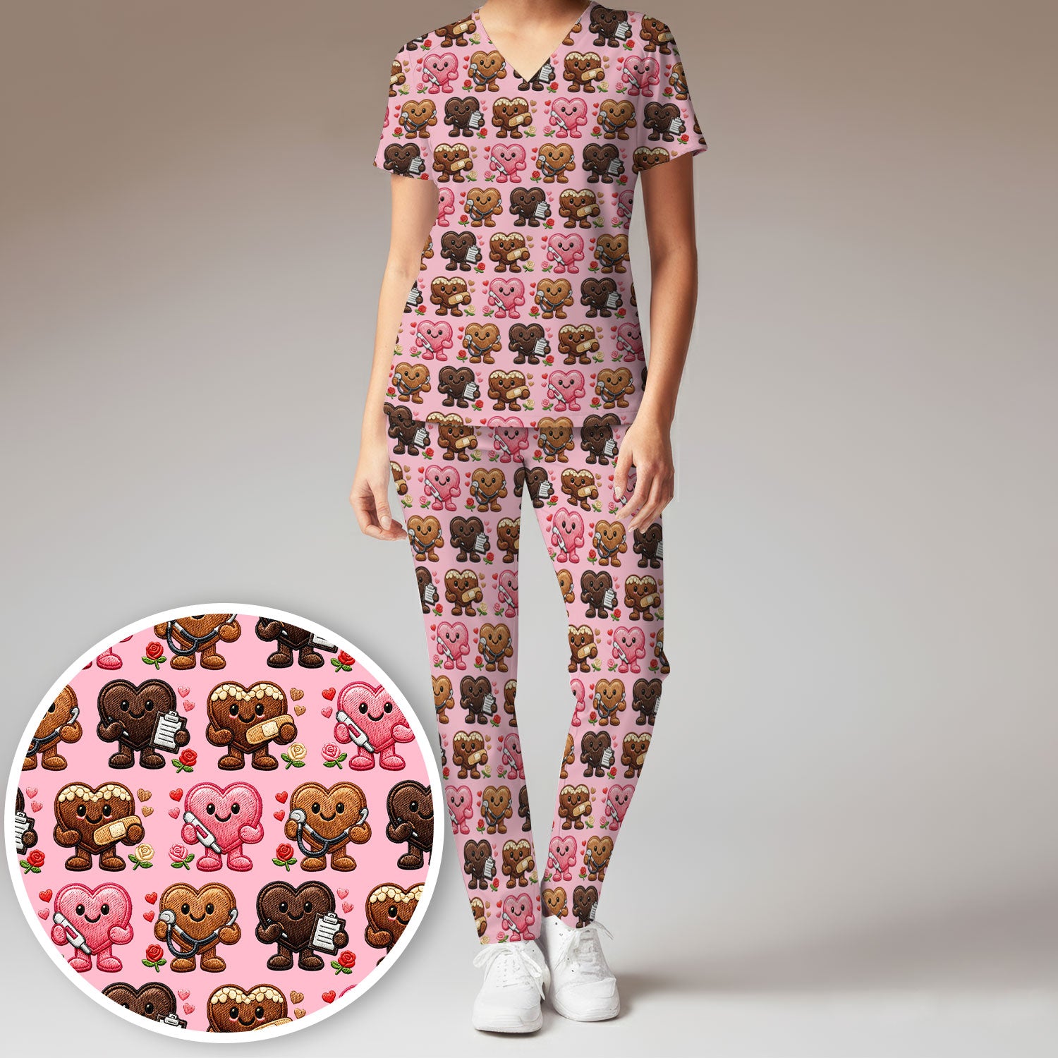 Valentine Heart Nurse Scrub Set, Cute Medical Love Pattern Shirt, Breathable Fabrics Nursing Uniform