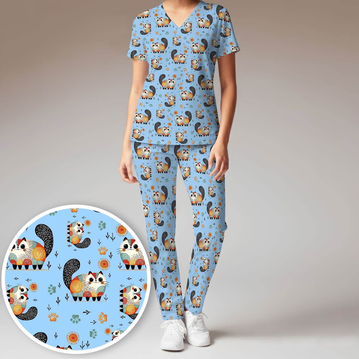 Playful Cat Illustration Women's Scrub Set, Breathable Med Uniform