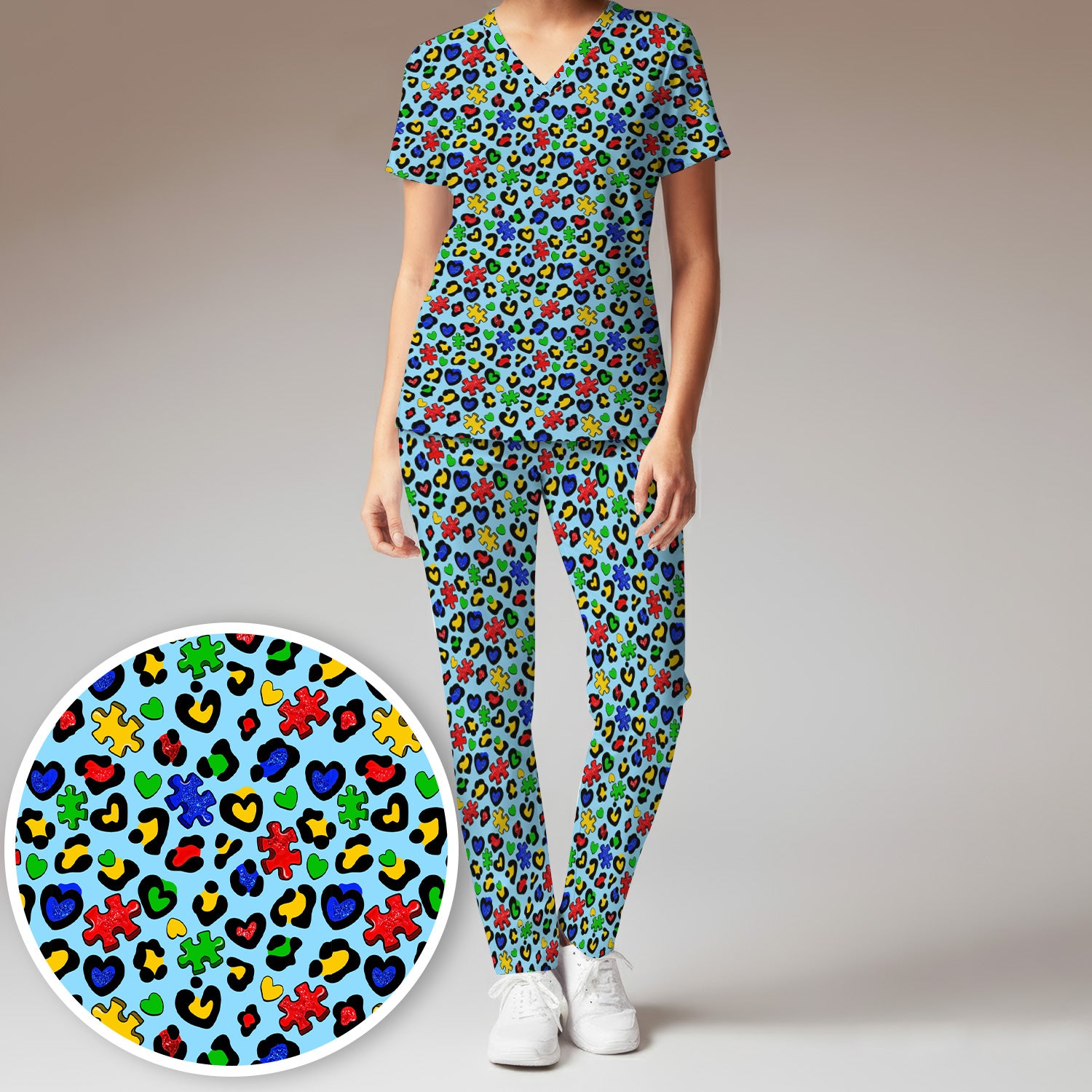 Puzzle Piece Heart Pattern Scrub Set, V Neck Top with Matching Scrub Pants