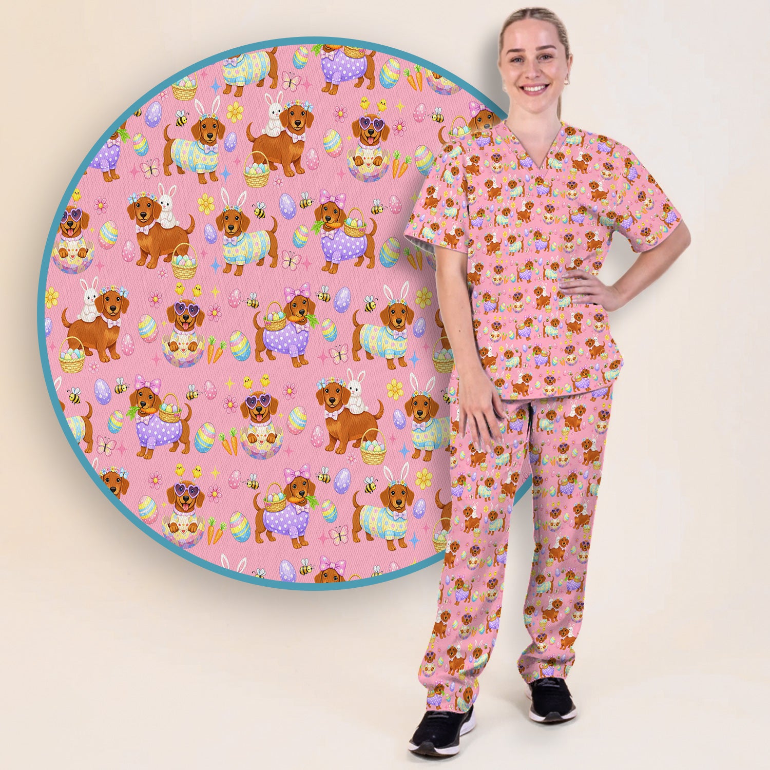 Cute Easter Dachshund Dog Pattern Scrub Set, Scrub Pants and V Neck Top