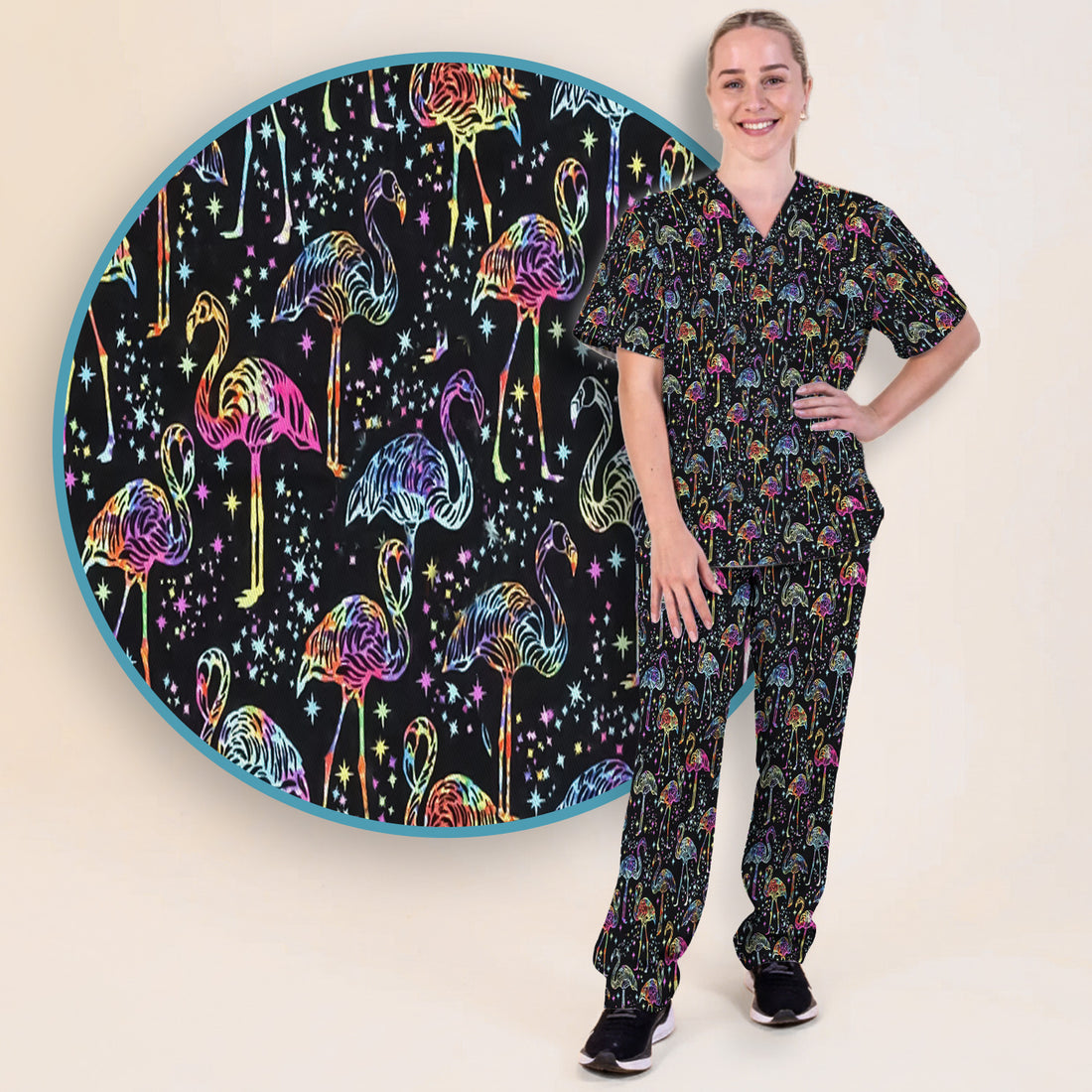 Neon Flamingo Starry Night Pattern Scrub Set, Scrub Pants and V Neck Top