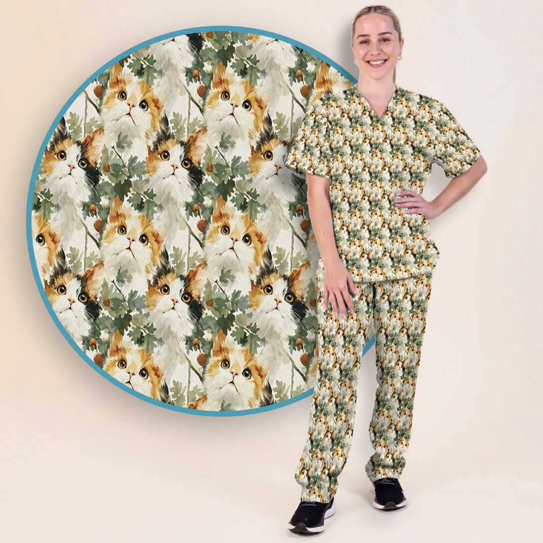Fluffy Calico Cat Oak Leaves Pattern Scrub Set, Scrub Pants and V Neck Top
