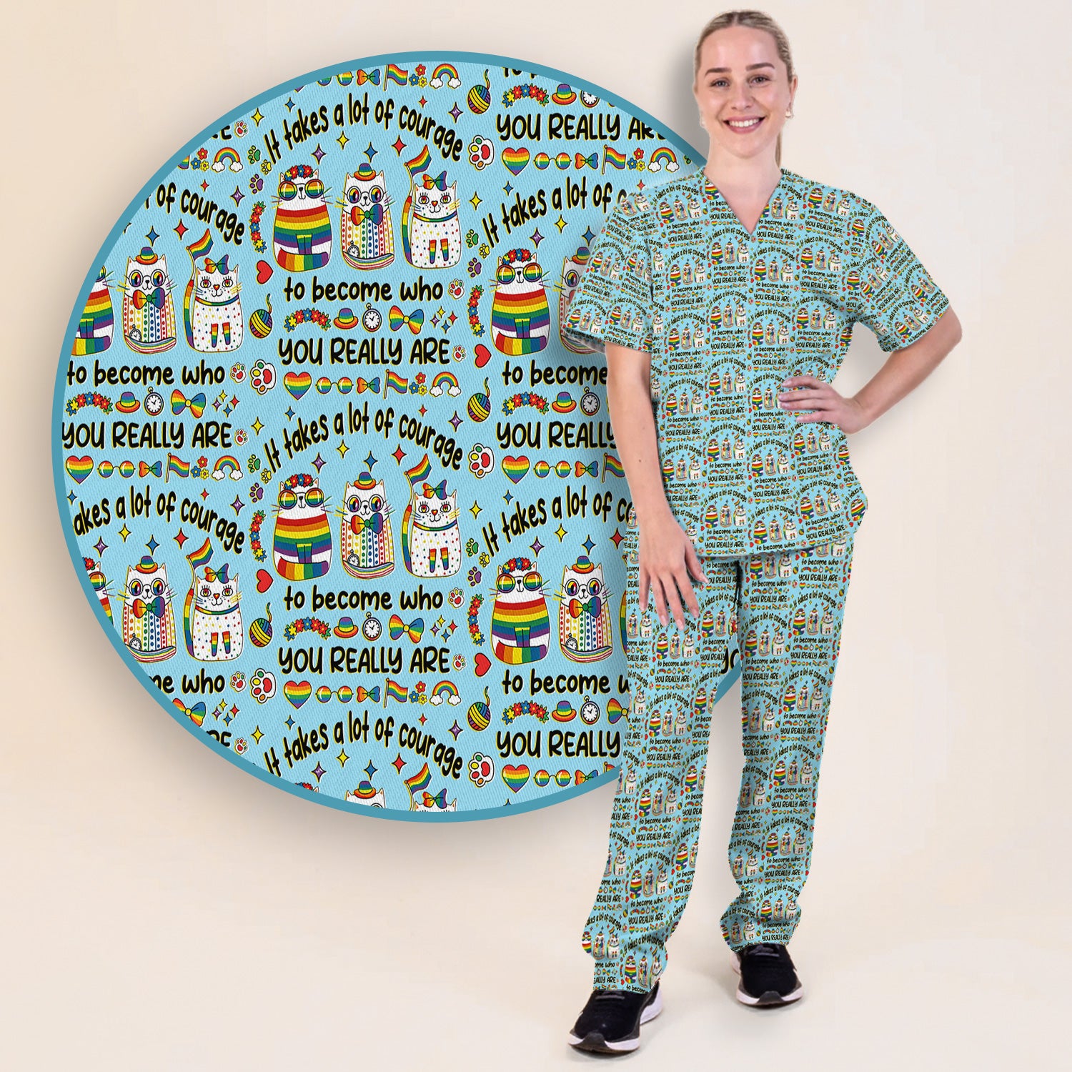 Inspirational Nurse Rainbow Cat Courage Quote Pattern Scrub Top, Breathable Fabrics Nursing Uniform