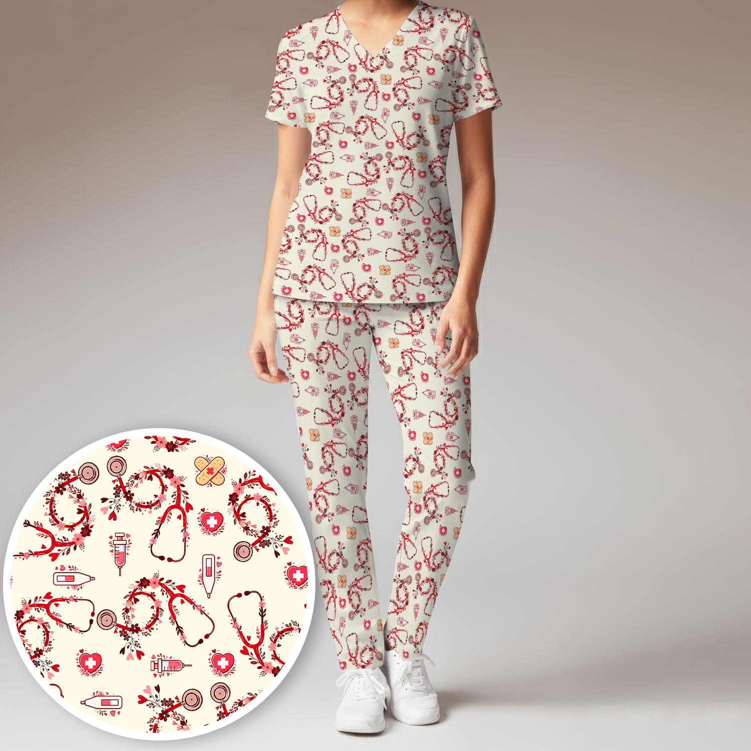 Heart Stethoscope Medical Pattern Scrub Set, Breathable Med Uniform