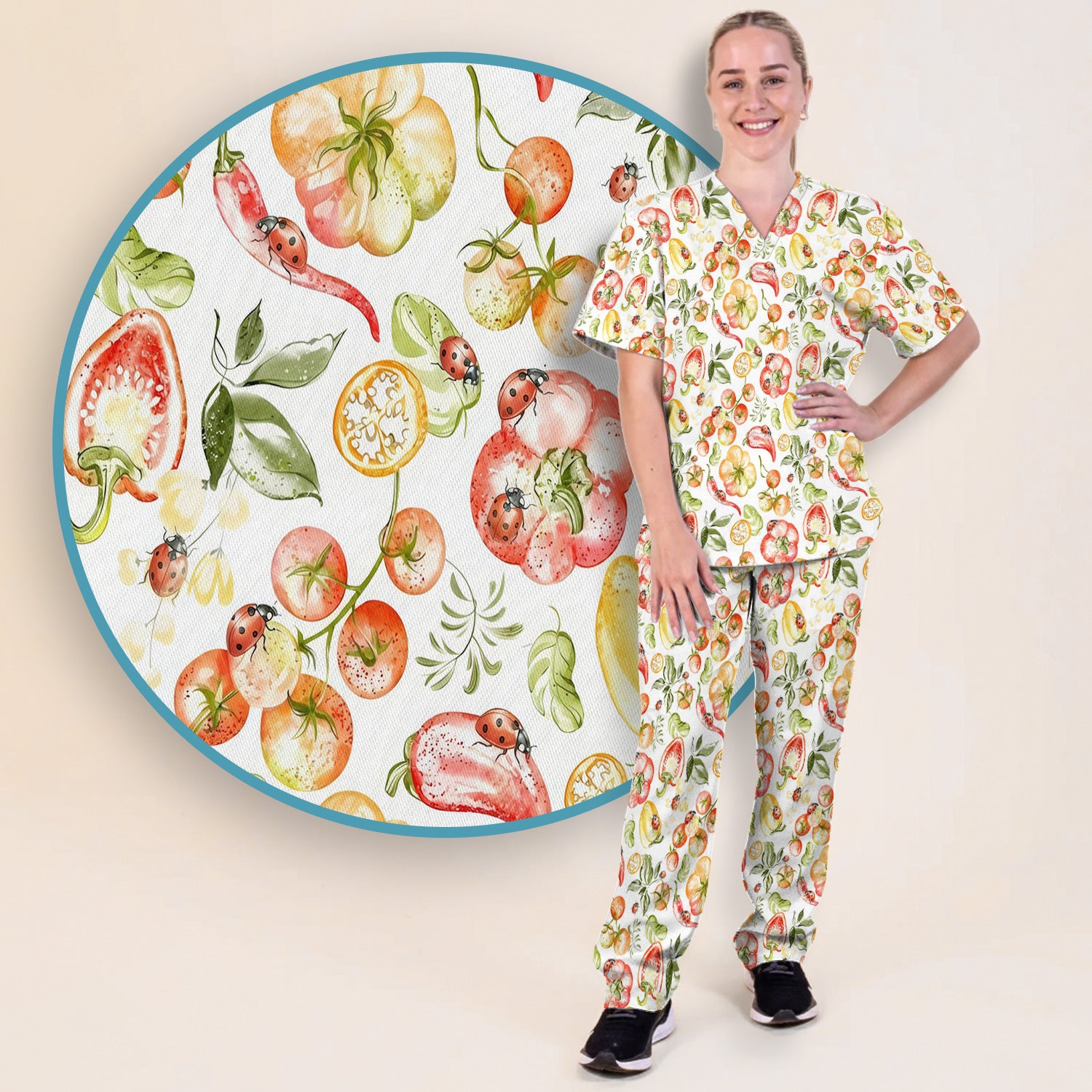 Cute Watercolor Veggie Ladybug Pattern Scrub Set, Scrub Pants and V Neck Top