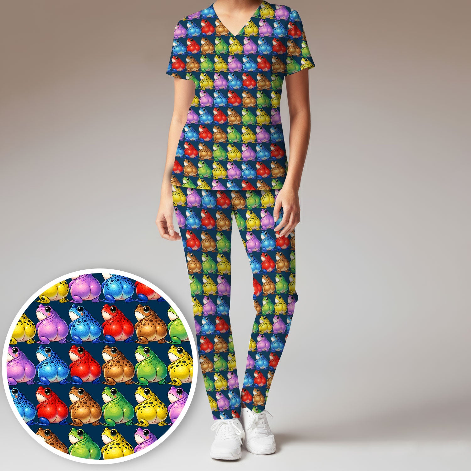 Funny Colorful Frogs Pattern Scrubs Sets, Scrub Pants and V Neck Top