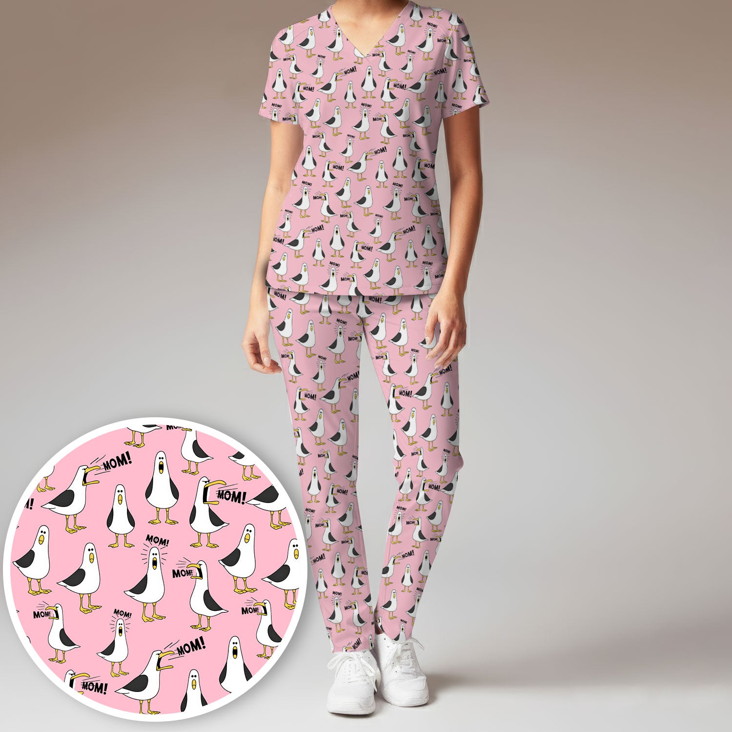 Funny Seagull Mom Seamless Pattern Scrub Set, Scrub Pants and V Neck Top