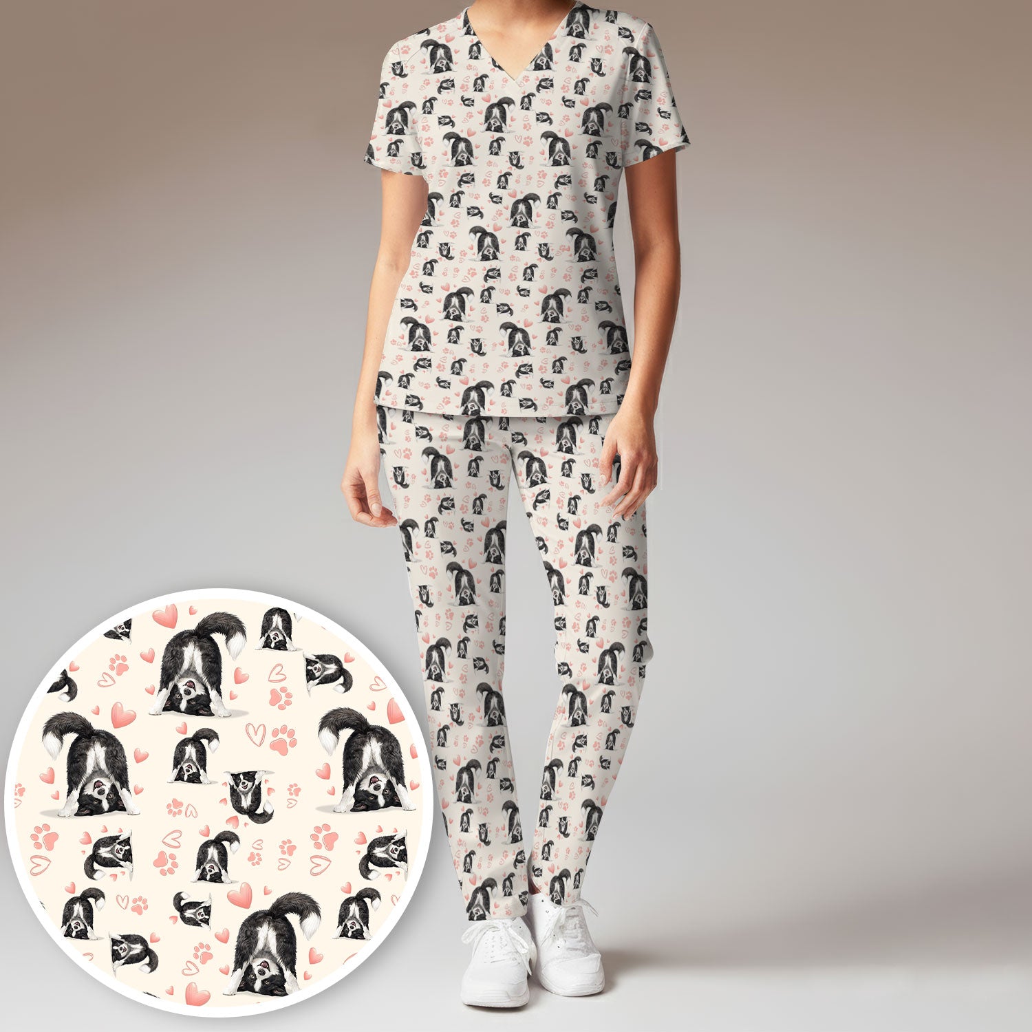 Cute Puppy Heart Medical Pattern Scrub Uniform, Women's Scrub Sets