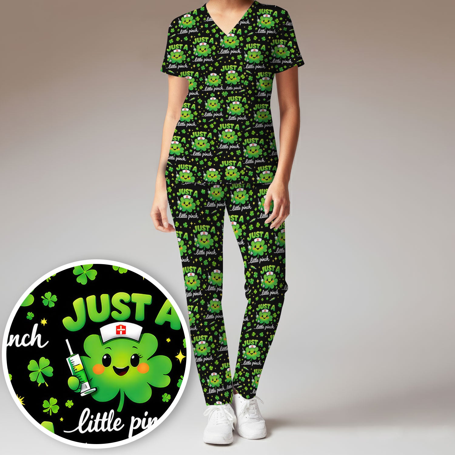 Shamrock Nurse Just A Little Pinch Print Scrub Set, Scrub Pants and V Neck Top