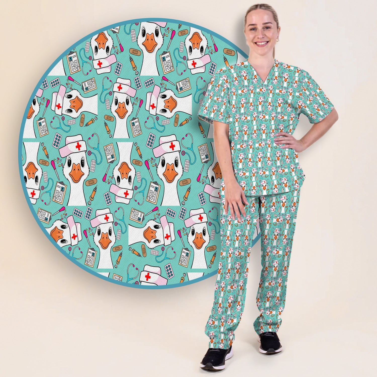 Duck Wearing Hat With Medical Tools Scrub Set, Breathable Med Uniform