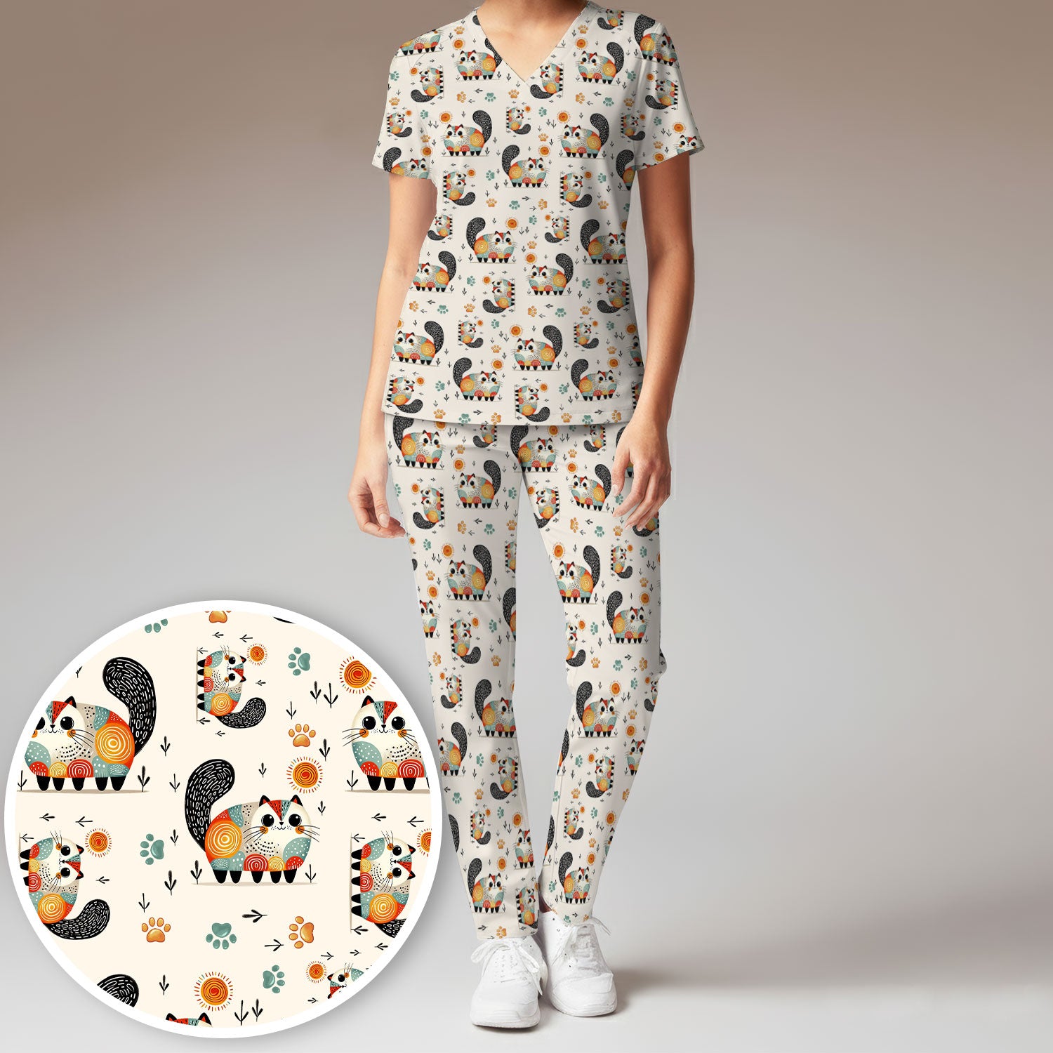 Playful Cat Illustration Women's Scrub Set, Breathable Med Uniform