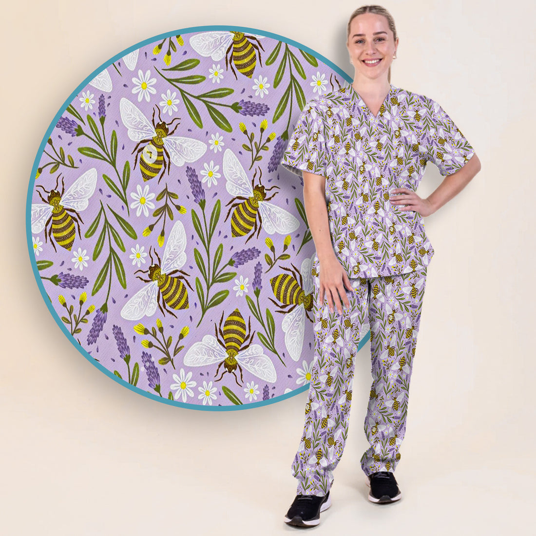 Cute Lavender Bee Floral Pattern Scrub Set, Scrub Pants and V Neck Top