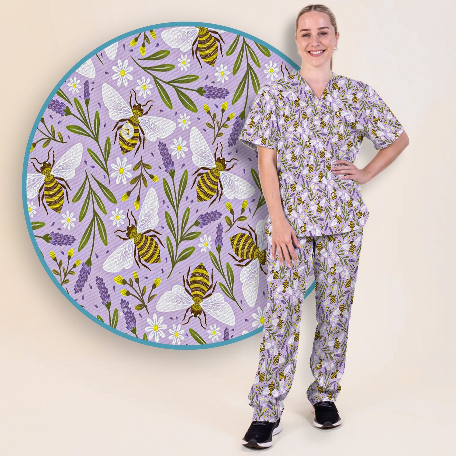 Cute Lavender Bee Floral Pattern Scrub Set, Scrub Pants and V Neck Top