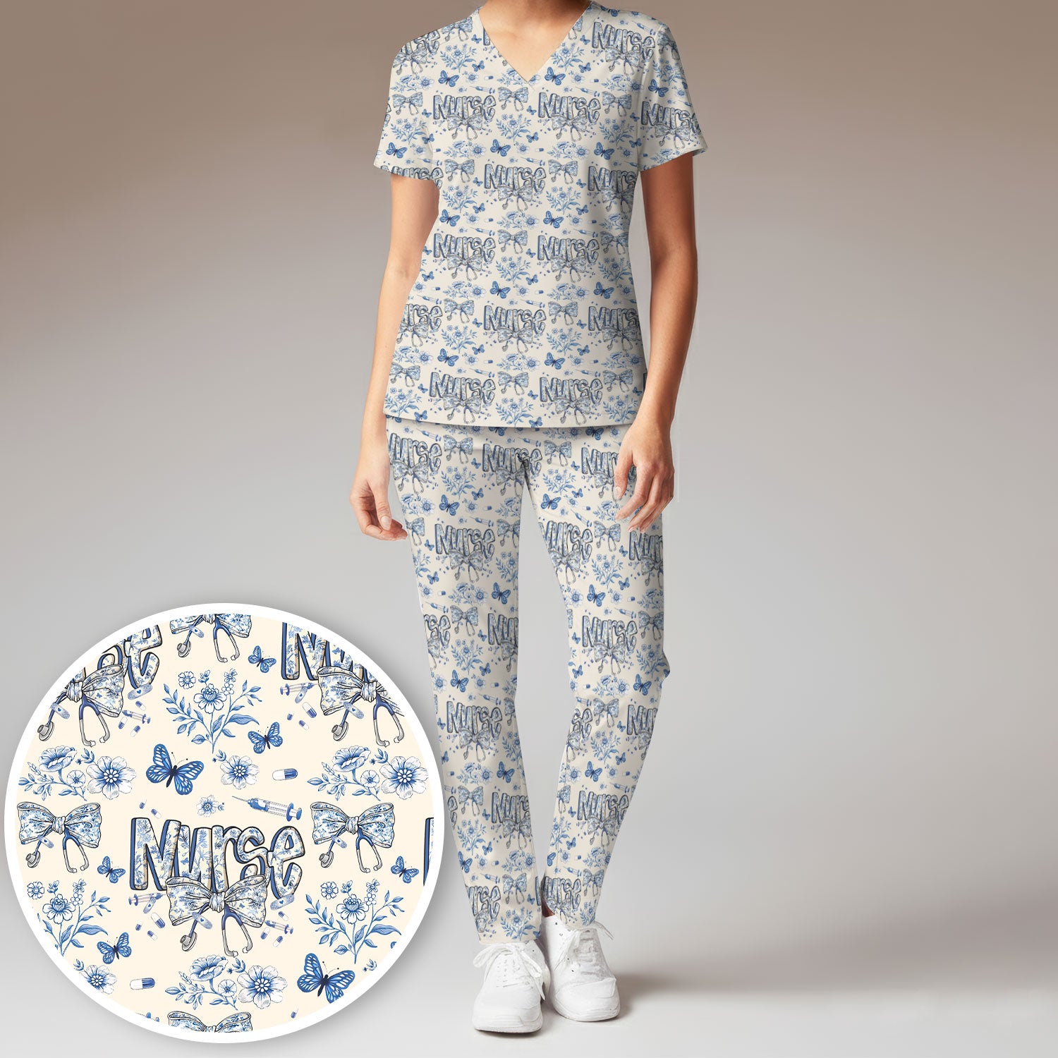 Blue Nurse Bow Butterfly Floral Pattern Scrub Set,  Breathable Med Uniform