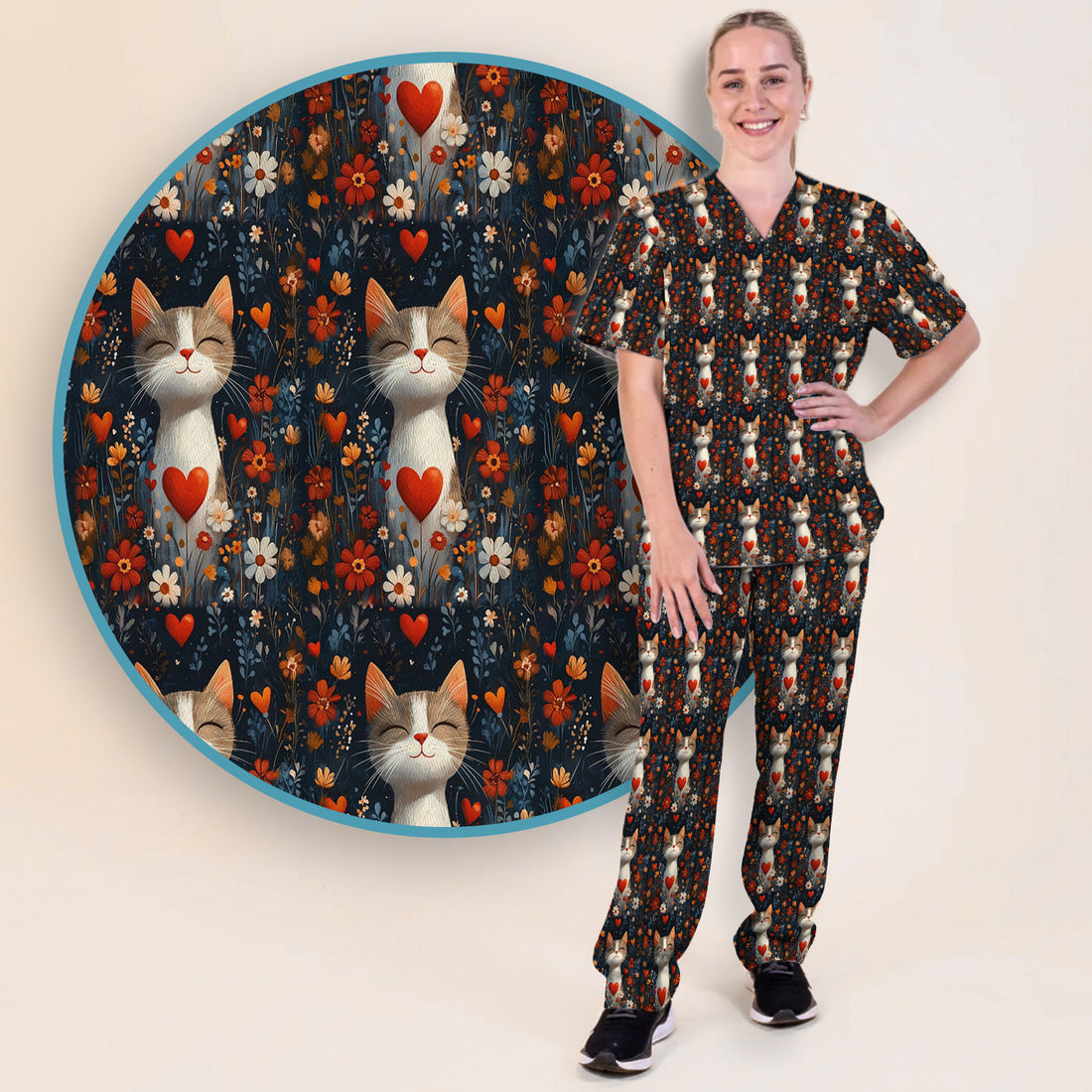 Cat Heart Floral Garden Pattern Scrub Set, Scrub Pants and V Neck Top