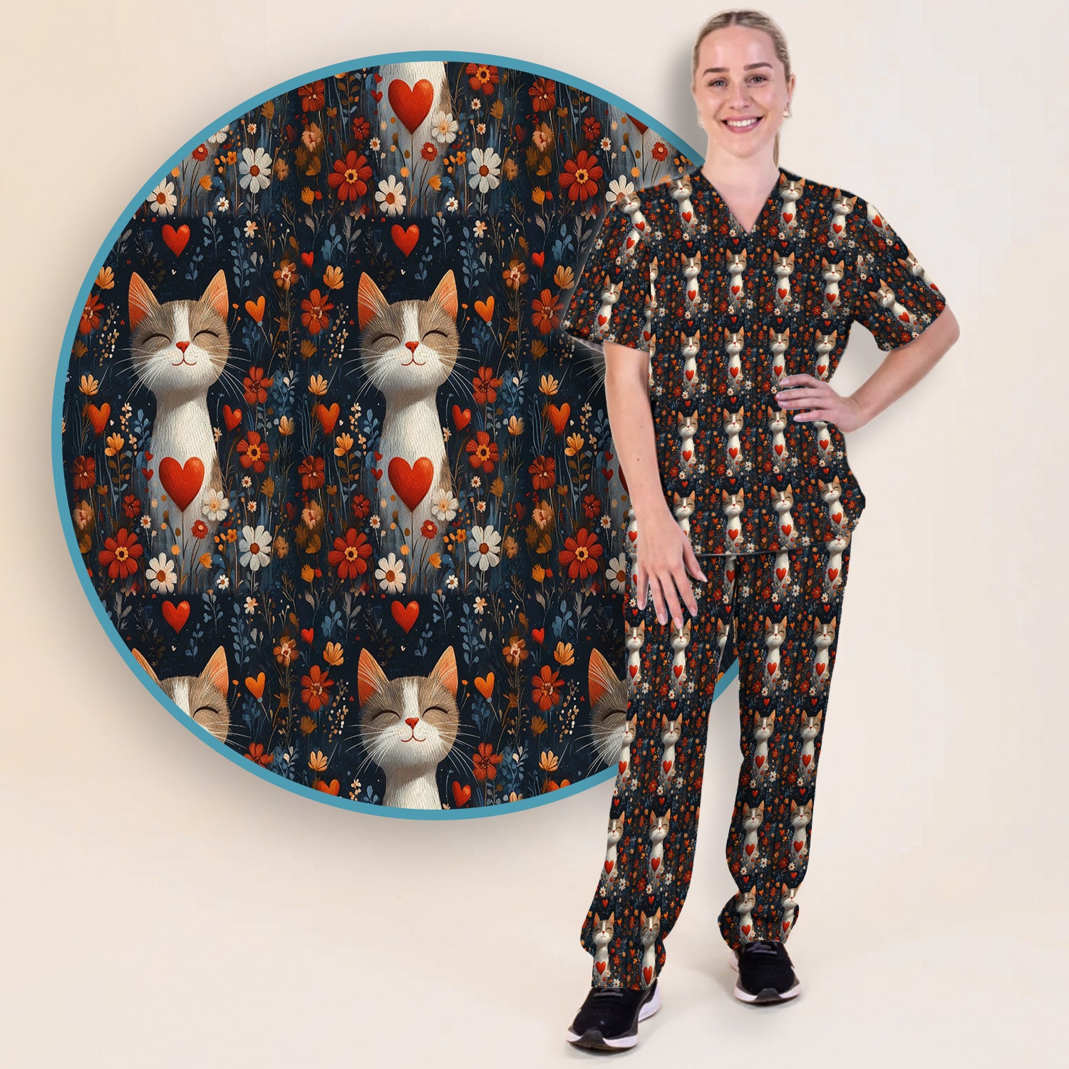 Cat Heart Floral Garden Pattern Scrub Set, Scrub Pants and V Neck Top