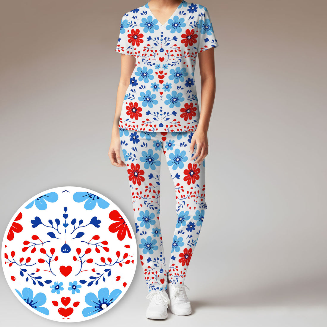 Symmetrical Folk Floral Heart Pattern Scrub Set, Scrub Pants and V Neck Top
