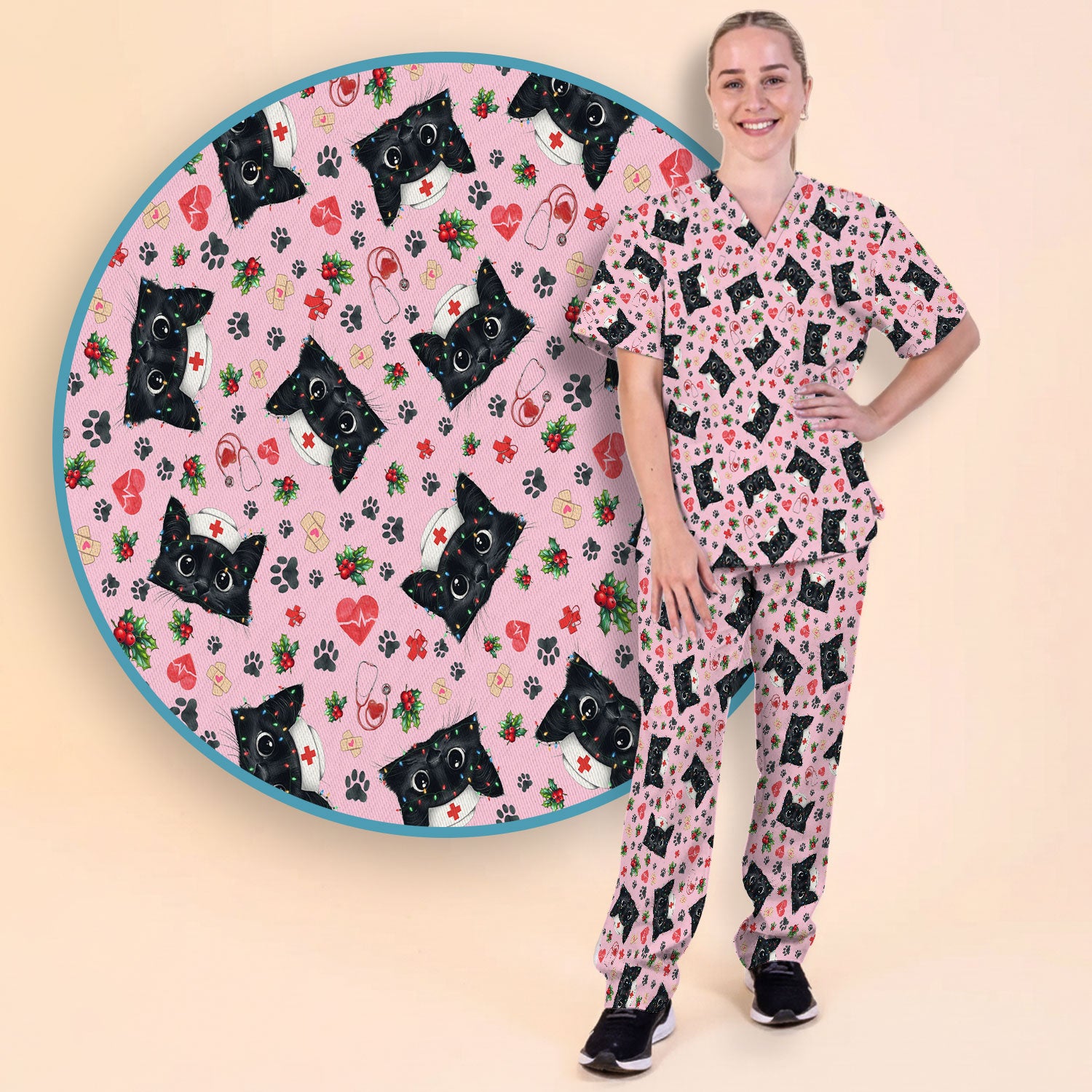 Funny Cats Scrub Set for Nurses - Black Kittens Christmas Scrubs Pants and V Neck Top - Jolly Medical Uniform Gift for RN CNA LPN