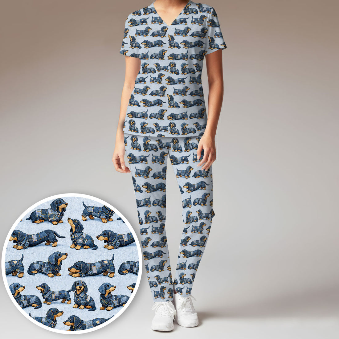 Denim Dachshund Dog Pattern Scrub Set, Women's Scrub Sets