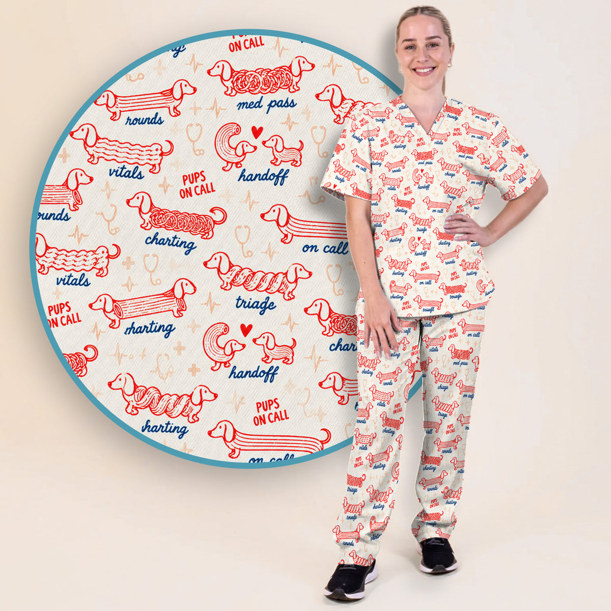 Cute Pups On Call Dachshund Pattern Scrub Set, Scrub Pants and V Neck Top
