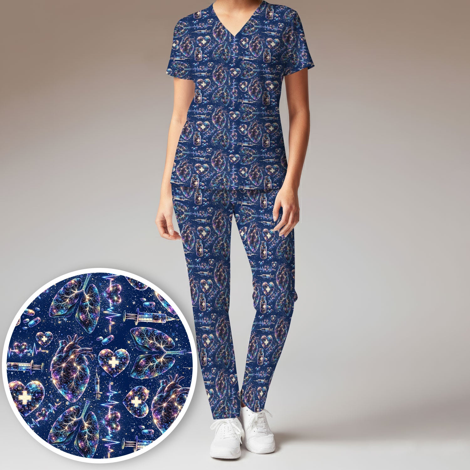 Galaxy Anatomical Heart Lung Syringe Print Scrub Set, Breathable Med Uniform