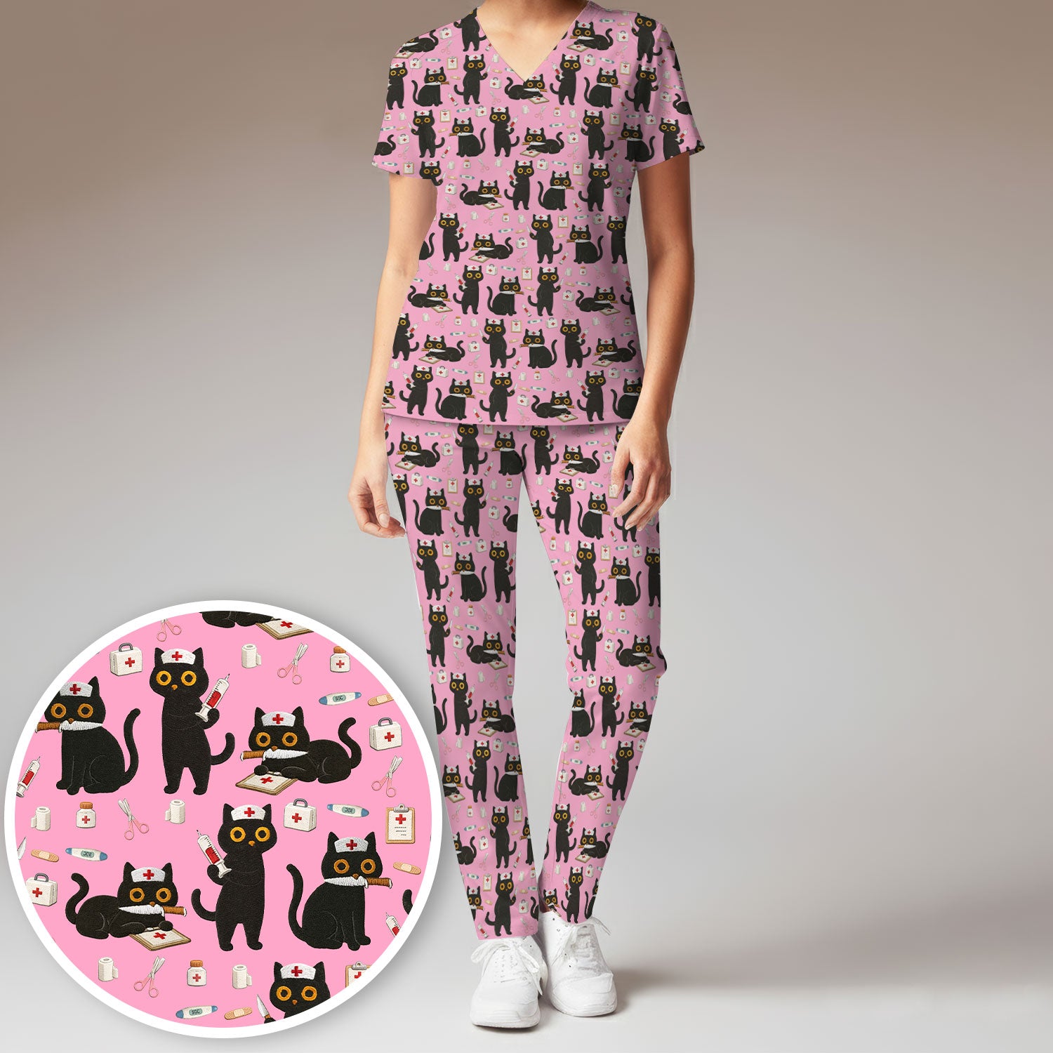 Cute Black Cat Nurse Pattern Women's Scrub Set, Breathable Med Uniform