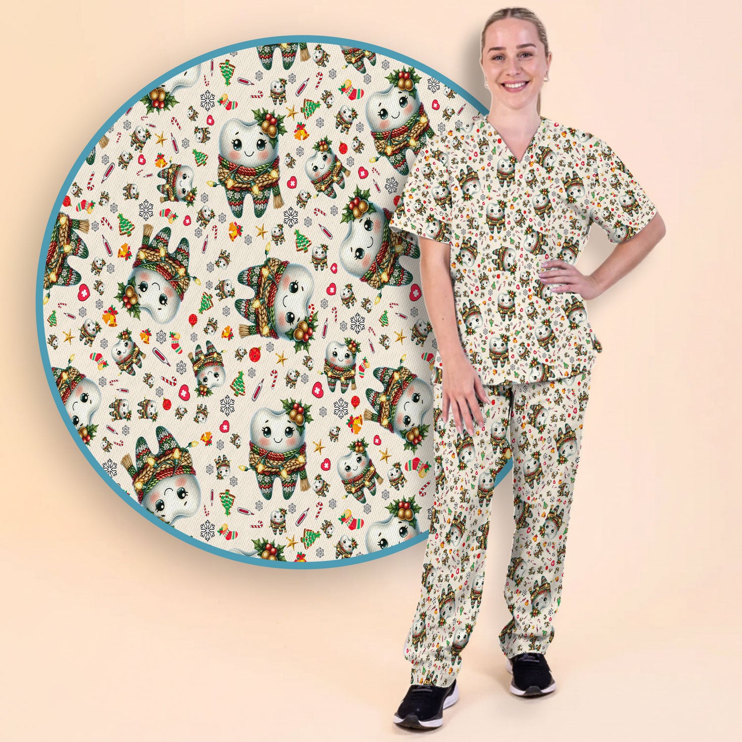 Funny Dental Christmas Scrub Set, Cute Christmas Tooth Print Scrubs Pants, Holiday Medical Uniform For Dentists and Hygienists