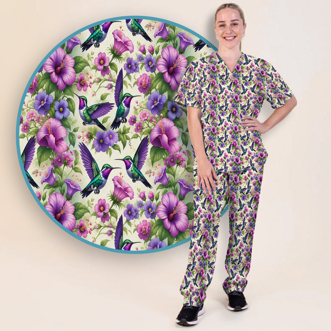 Purple Hummingbird Hibiscus Floral Pattern Scrub Set, Scrub Pants and V Neck Top