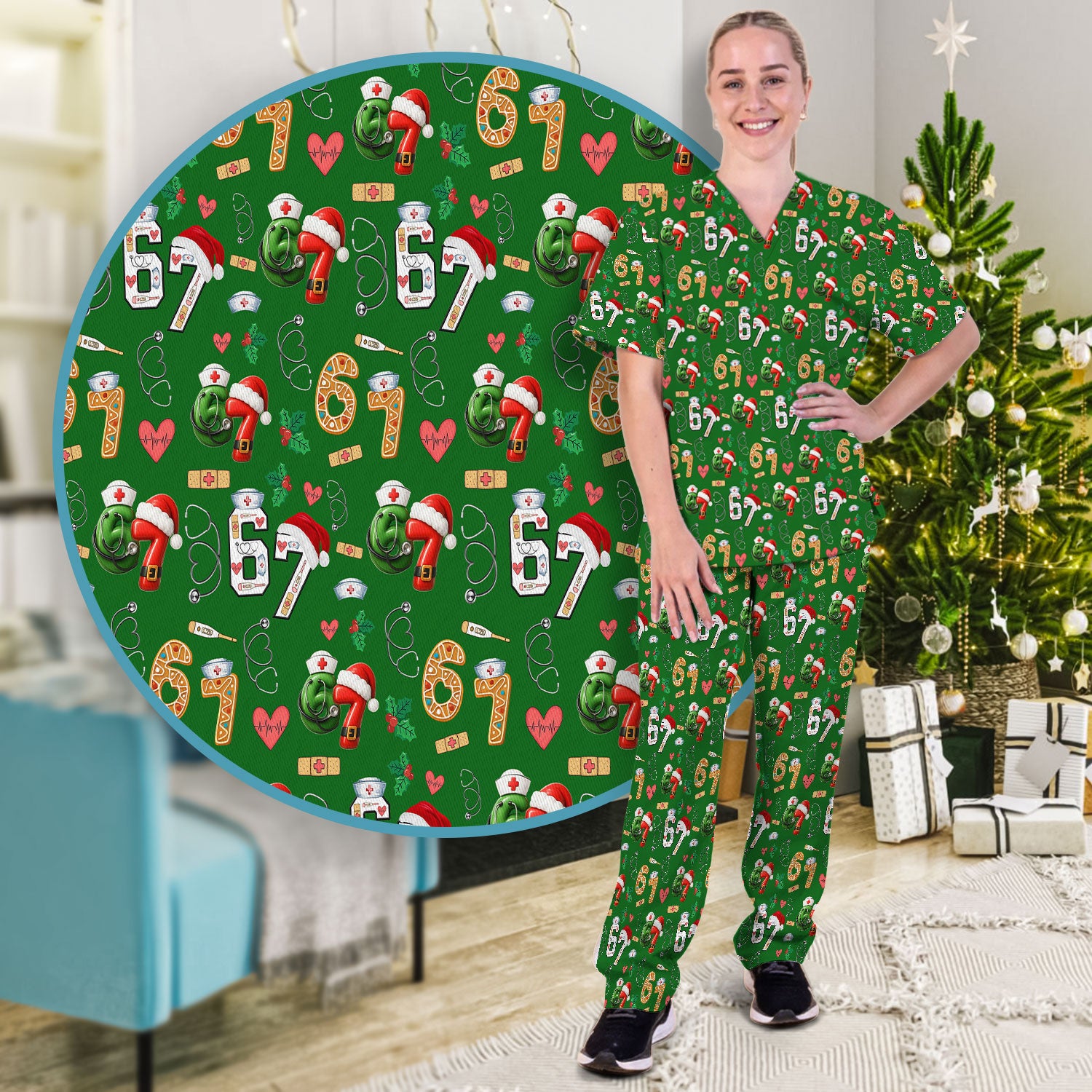 Christmas Nurse 67 Pattern Scrub Set, Cute Holiday Medical Uniform With Santa Hat, Uniform For Nursing