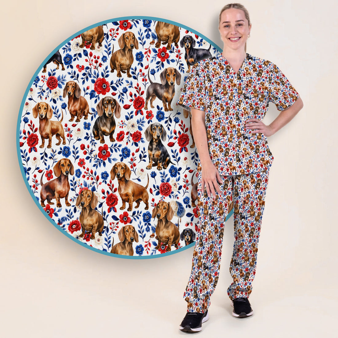 Floral Dachshund Nurse Pattern Scrub Set, Scrub Pants and V Neck Top
