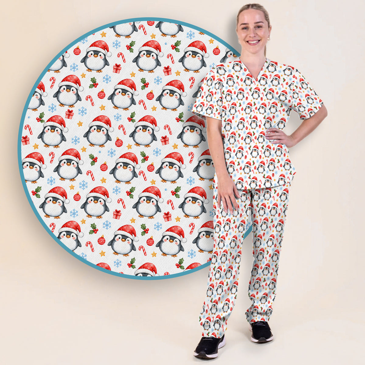 Christmas Penguins In Santa Hats Scrub Set, Scrub Pants and V Neck Top