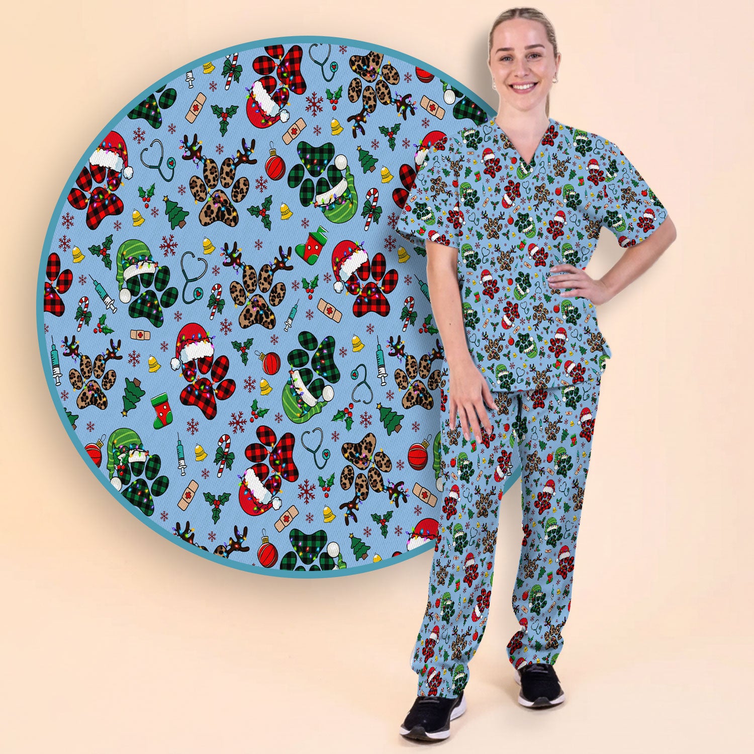 Christmas Paw Print Scrub Set for Nurses - Cute Leopard Holiday Pants and V Neck Top - Funny Pet Medical Uniform Gift