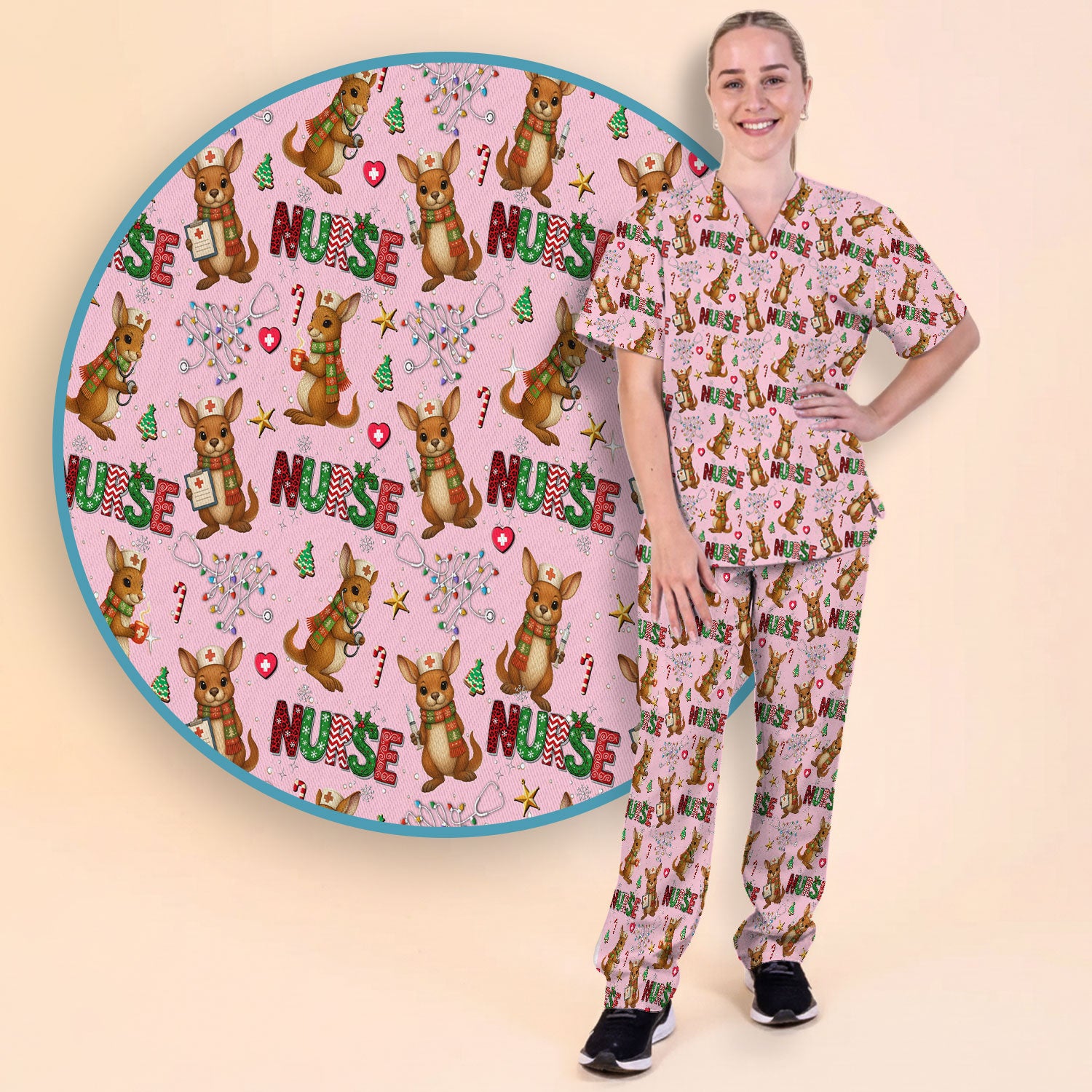 Aussie Kangaroo Christmas Scrub Set - Funny Holiday Nurse Shirt and Pants for Women - Cute Animal Medical Uniform
