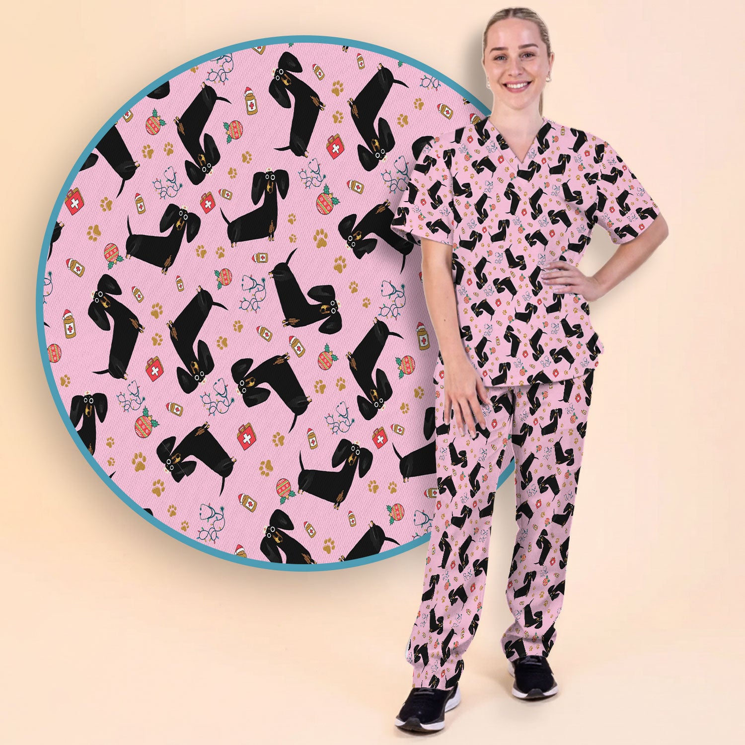 Funny Black Dachshund Scrub Set for Nurses - Cute Wiener Dog Scrubs Pants and V Neck Top - Puppy Lover Nursing Gift for Women