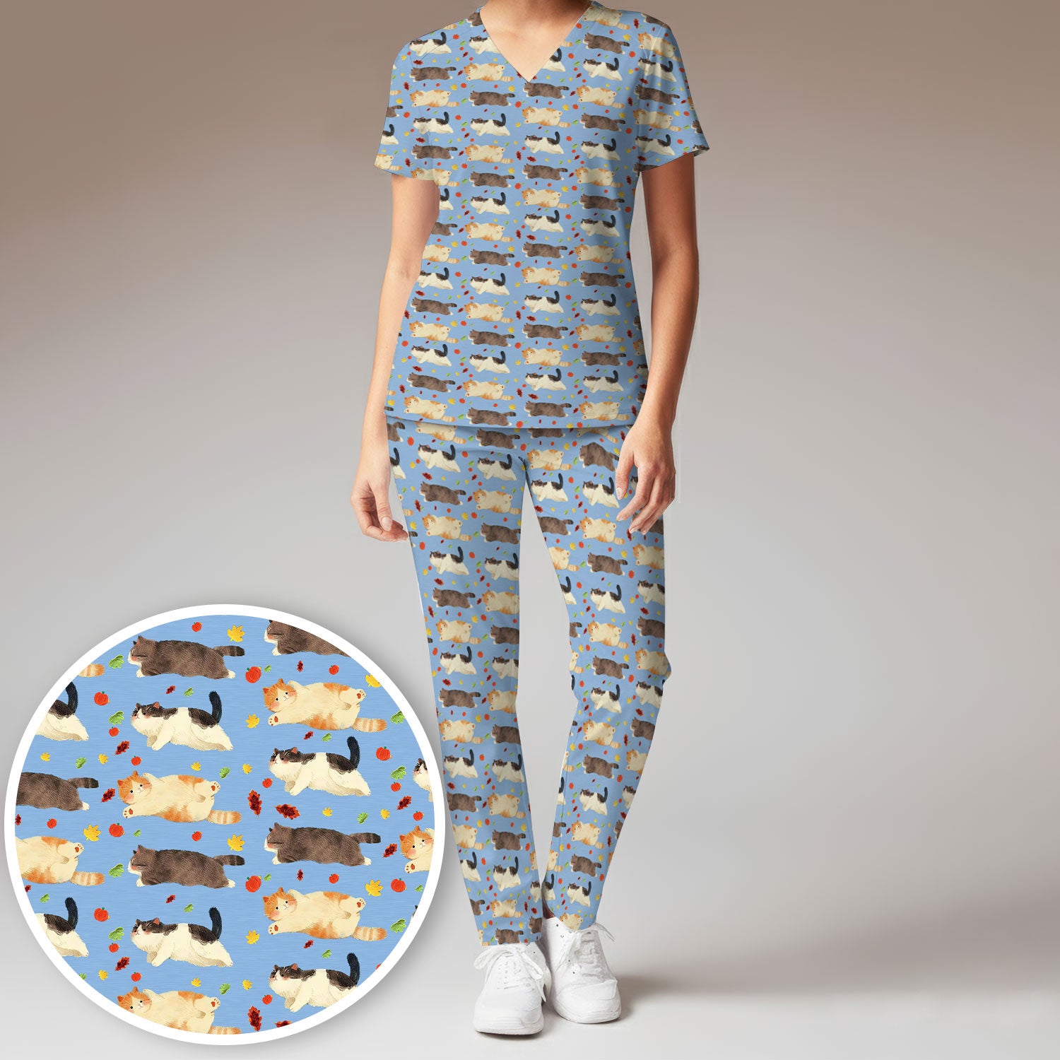 Chubby Cat Autumn Leaves Print Scrub Set, Breathable Med Uniform