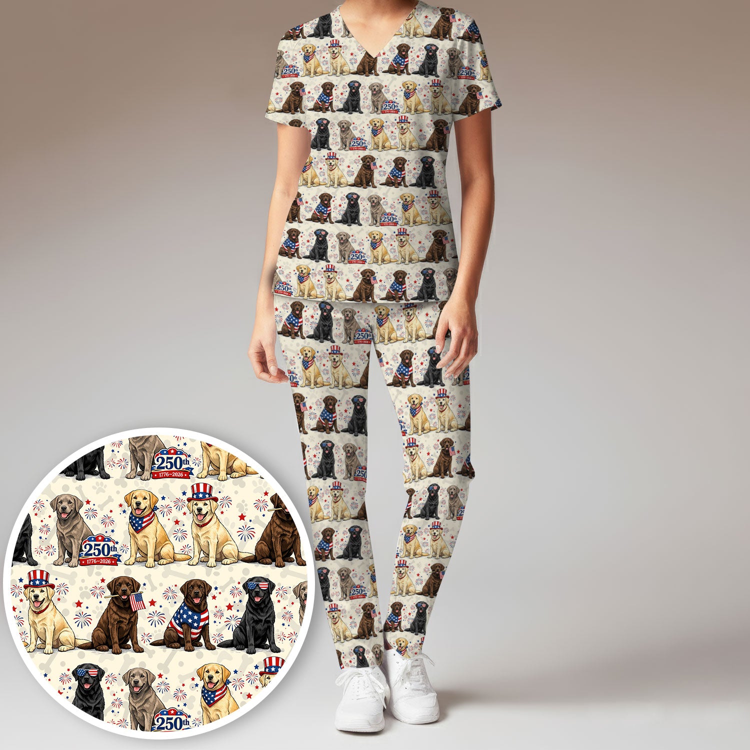 4th of July Labrador Dog Patriotic Print Scrub Set, Scrub Pants and V Neck Top