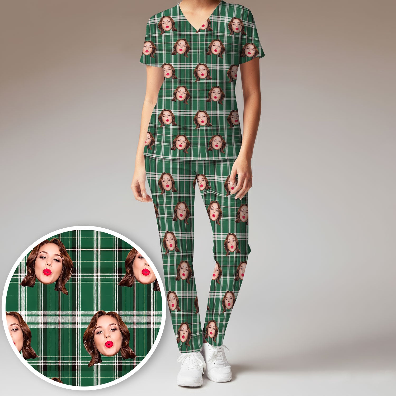 Personalized Funny Face Plaid Scrub Set, Custom Photo Pattern Medical Uniform For Nurses, Breathable Fabrics Nursing Uniform