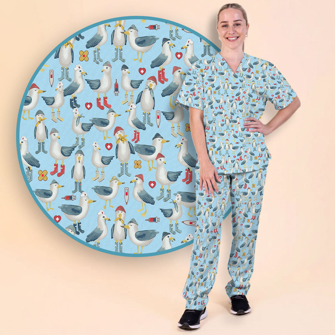 Funny Seagull Nurse Scrub Set - Cute Bird with Medical Icons Scrubs Pants and V Neck Top - Comfortable Scrubs for Women