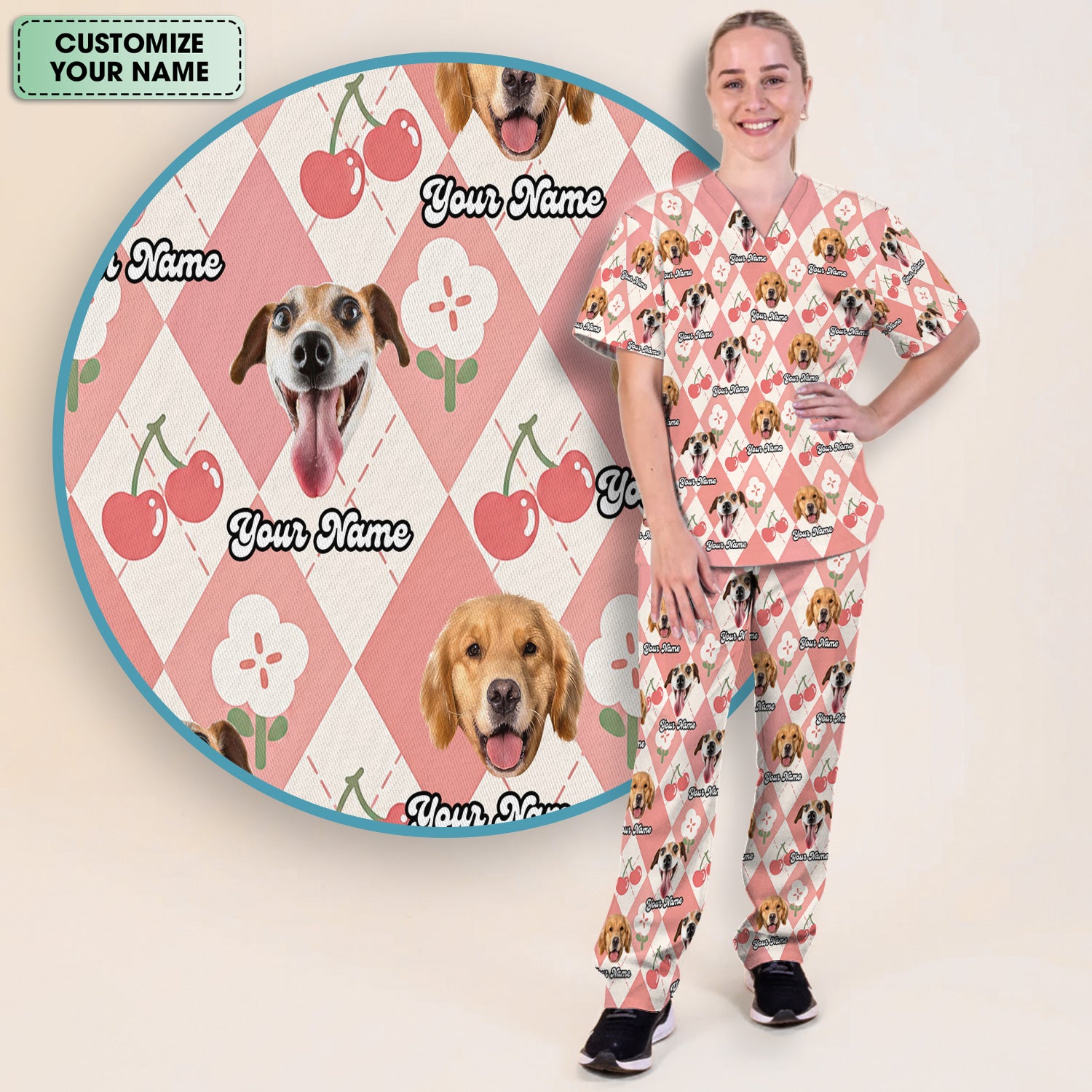 Custom Dog Face Scrub Set, Playful Dog Cherry Argyle Pattern Shirt, Breathable Fabrics Nursing Uniform