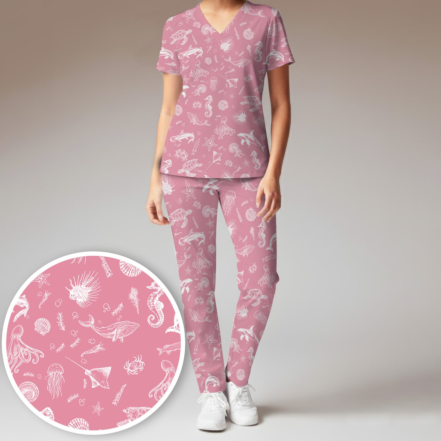 Marine Sea Life Pattern Scrub Set, Women's Scrub Sets