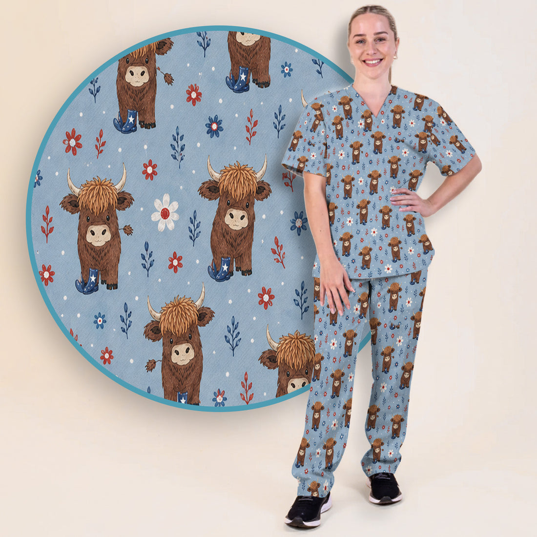 Floral Cowboy Boots Pattern Scrub Set, Scrub Pants and V Neck Top