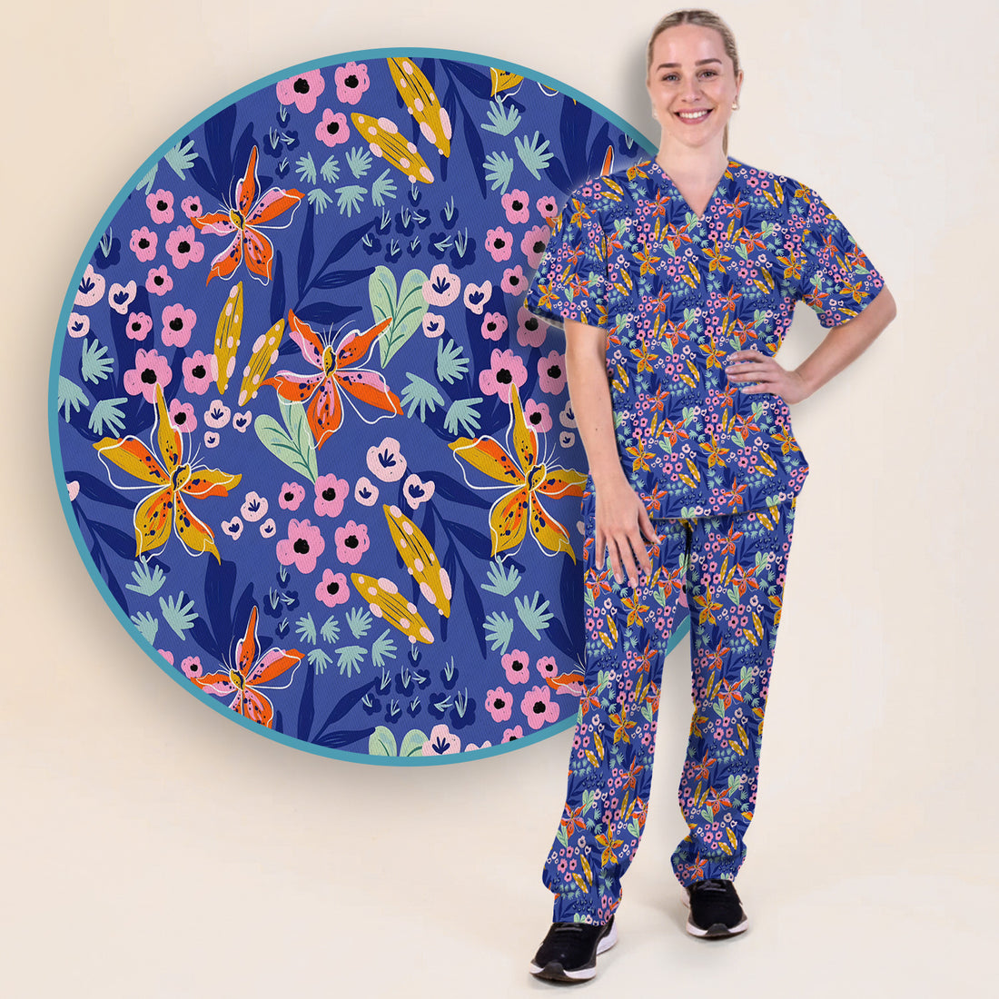 Nurse Blue Lily Floral Garden Pattern Scrub Set, Scrub Pants and V Neck Top