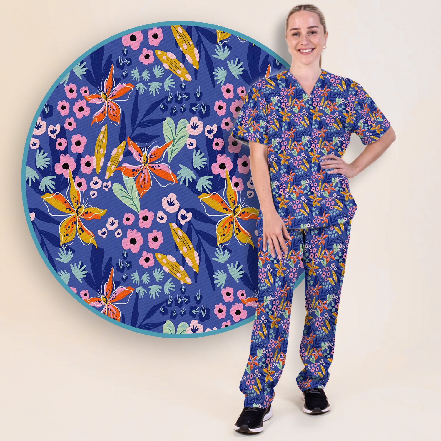 Nurse Blue Lily Floral Garden Pattern Scrub Set, Scrub Pants and V Neck Top