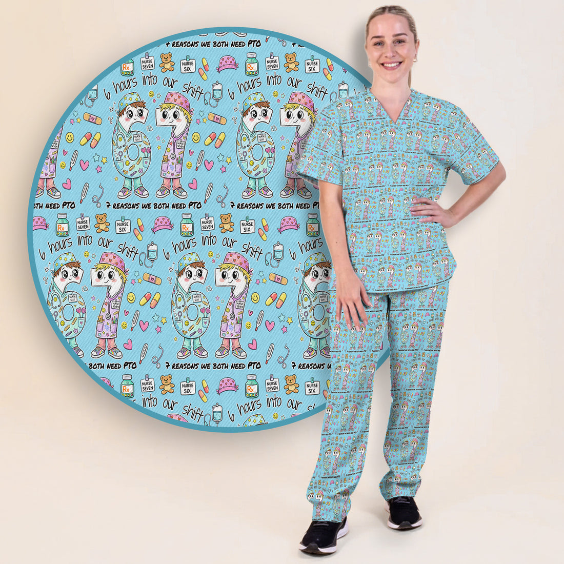 Cartoon Characters Six Hours Into Shift With Medical Doodle Scrub Set, Breathable Med Uniform
