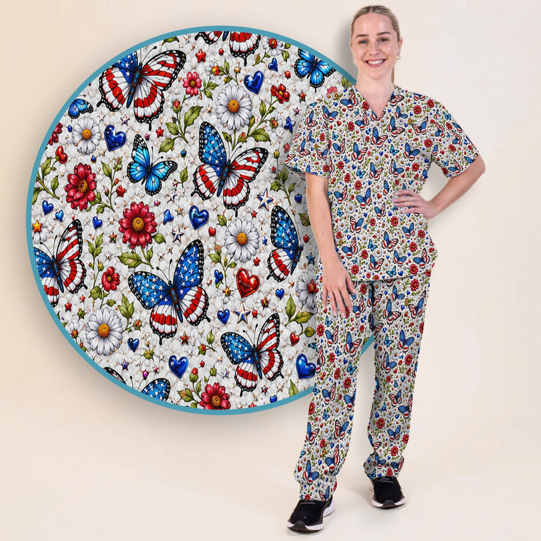Patriotic Butterfly Daisy Heart Pattern Scrub Set, Scrub Pants and V Neck Top