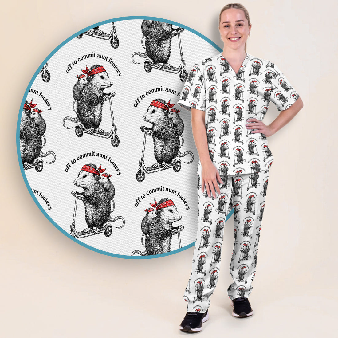 Aunt Foolery Opossum Pattern Scrub Set, Scrub Pants and V Neck Top