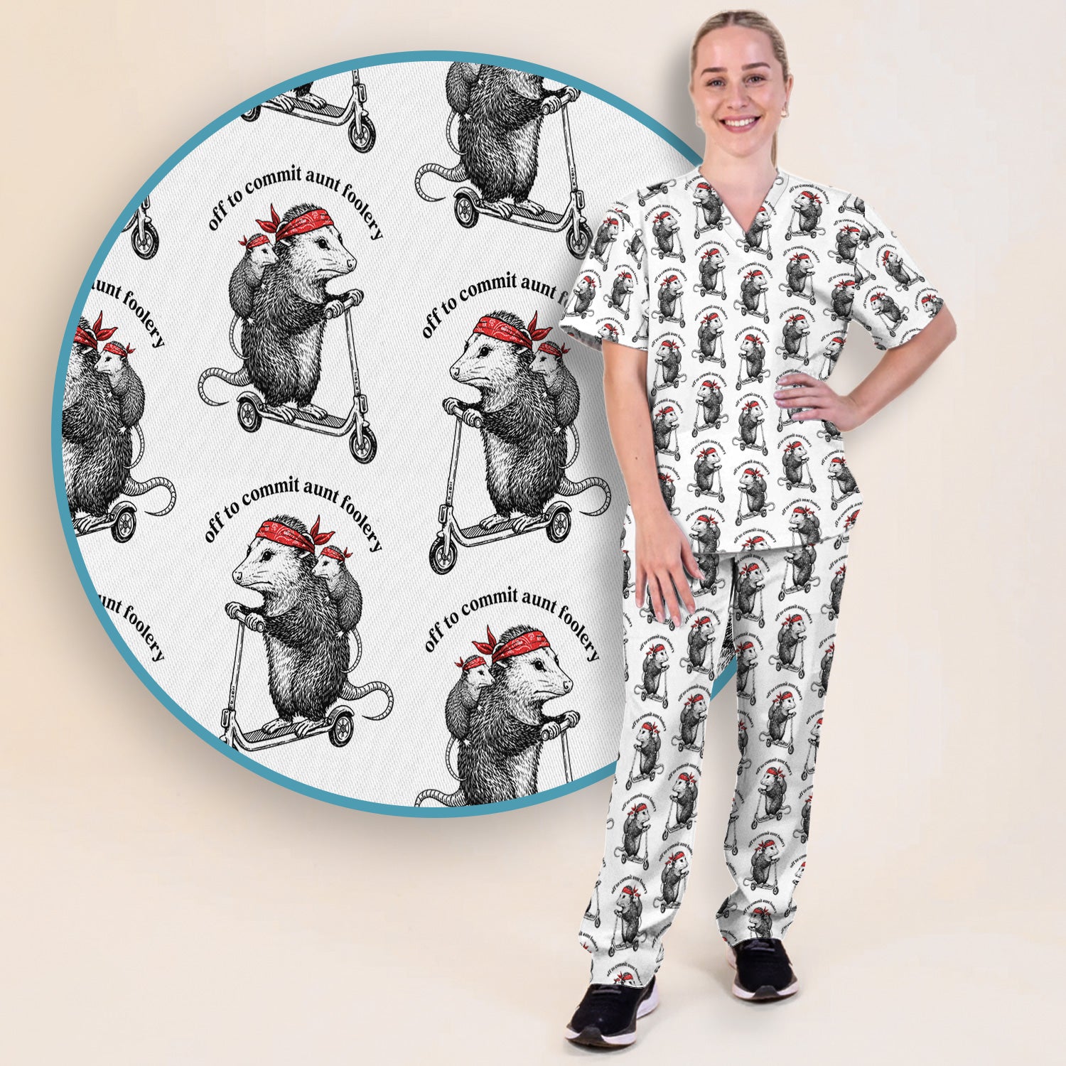 Aunt Foolery Opossum Pattern Scrub Set, Scrub Pants and V Neck Top