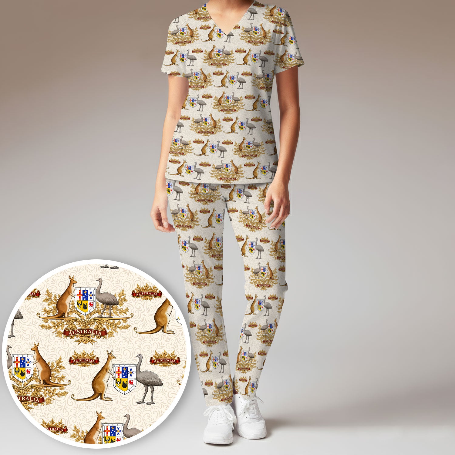 Australian National Crest Kangaroo Emu Scrub Set, Women's Scrub Sets